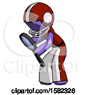 Poster, Art Print Of Purple Football Player Man Inspecting With Large Magnifying Glass Left