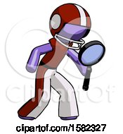 Poster, Art Print Of Purple Football Player Man Inspecting With Large Magnifying Glass Right