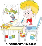 Clipart Of A Caucasian School Boy Writing Letters At His Desk Royalty Free Vector Illustration by Alex Bannykh