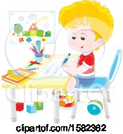 Poster, Art Print Of White School Boy Writing Letters At His Desk