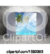 Poster, Art Print Of 3d Stone Room Interior With Open Doors And A View Of The Ocean And Palm Trees