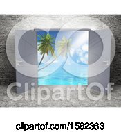 Clipart Of A 3d Stone Room Interior With Open Doors And A View Of The Ocean And Palm Trees Royalty Free Illustration