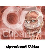 Clipart Of A 3d Female With Visible Face Muscles Over A Dna And Virus Background Royalty Free Illustration