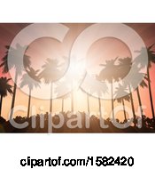 Poster, Art Print Of Tropical Sunset With Rays And Silhouetted Palm Trees And Foliage