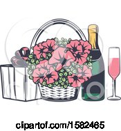 Poster, Art Print Of Retro Wedding Basket Of Flowers And Champagne With A Gift