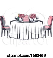 Clipart Of A Retro Table With Flowers And A Wedding Cake Royalty Free Vector Illustration