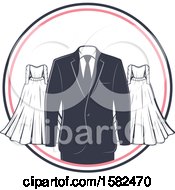 Clipart Of A Vintage Wedding Gown And Tuxedo Design Royalty Free Vector Illustration