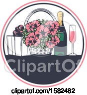 Poster, Art Print Of Retro Wedding Basket Of Flowers And Champagne With A Gift