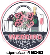 Clipart Of A Retro Wedding Basket Of Flowers And Champagne With A Gift Royalty Free Vector Illustration