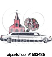 Clipart Of A Retro Wedding Limo Parked By A Church With A Boquet Royalty Free Vector Illustration