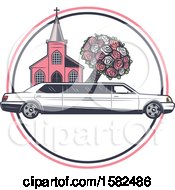 Clipart Of A Retro Wedding Limo Parked By A Church With A Boquet Royalty Free Vector Illustration by Vector Tradition SM