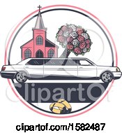 Poster, Art Print Of Retro Wedding Limo Parked By A Church With A Boquet