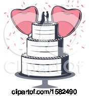 Clipart Of A Retro Wedding Cake With Heart Balloons And Confetti Royalty Free Vector Illustration