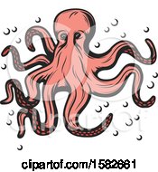Poster, Art Print Of Retro Pink Octopus With Bubbles
