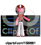Poster, Art Print Of Pink Football Player Man With Server Racks In Front Of Two Networked Systems
