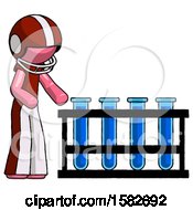 Poster, Art Print Of Pink Football Player Man Using Test Tubes Or Vials On Rack