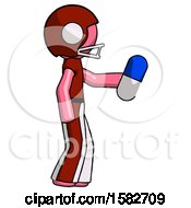 Poster, Art Print Of Pink Football Player Man Holding Blue Pill Walking To Right