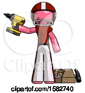 Poster, Art Print Of Pink Football Player Man Holding Drill Ready To Work Toolchest And Tools To Right