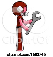 Poster, Art Print Of Pink Football Player Man Using Wrench Adjusting Something To Right