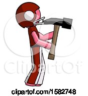 Poster, Art Print Of Pink Football Player Man Hammering Something On The Right