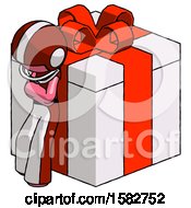 Poster, Art Print Of Pink Football Player Man Leaning On Gift With Red Bow Angle View