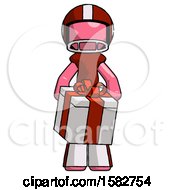 Poster, Art Print Of Pink Football Player Man Gifting Present With Large Bow Front View