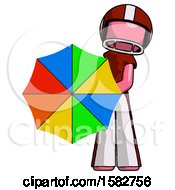 Poster, Art Print Of Pink Football Player Man Holding Rainbow Umbrella Out To Viewer