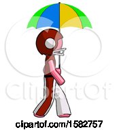 Poster, Art Print Of Pink Football Player Man Walking With Colored Umbrella