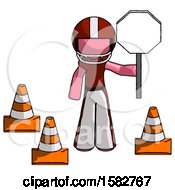 Poster, Art Print Of Pink Football Player Man Holding Stop Sign By Traffic Cones Under Construction Concept