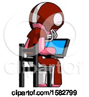 Poster, Art Print Of Pink Football Player Man Using Laptop Computer While Sitting In Chair View From Back
