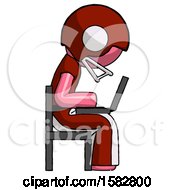 Poster, Art Print Of Pink Football Player Man Using Laptop Computer While Sitting In Chair View From Side