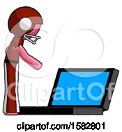 Poster, Art Print Of Pink Football Player Man Using Large Laptop Computer Side Orthographic View