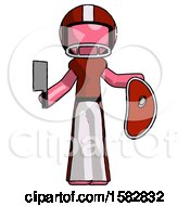 Pink Football Player Man Holding Large Steak With Butcher Knife