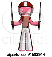 Pink Football Player Man Posing With Two Ninja Sword Katanas Up