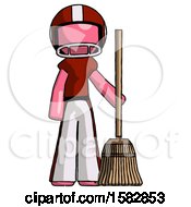 Poster, Art Print Of Pink Football Player Man Standing With Broom Cleaning Services