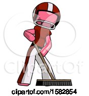 Poster, Art Print Of Pink Football Player Man Cleaning Services Janitor Sweeping Floor With Push Broom
