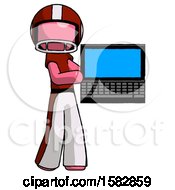 Poster, Art Print Of Pink Football Player Man Holding Laptop Computer Presenting Something On Screen