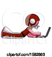 Poster, Art Print Of Pink Football Player Man Using Laptop Computer While Lying On Floor Side View