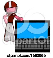 Poster, Art Print Of Pink Football Player Man Beside Large Laptop Computer Leaning Against It