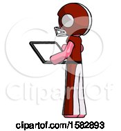 Poster, Art Print Of Pink Football Player Man Looking At Tablet Device Computer With Back To Viewer