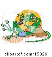 Relaxed Gecko Lizard Reclining Against A Rock And Holding A Pair Of Sunglasses Clipart Illustration by Andy Nortnik