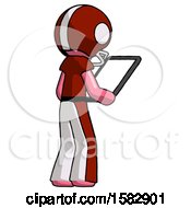 Poster, Art Print Of Pink Football Player Man Looking At Tablet Device Computer Facing Away