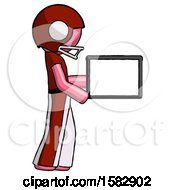 Poster, Art Print Of Pink Football Player Man Show Tablet Device Computer To Viewer Blank Area