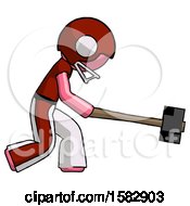Poster, Art Print Of Pink Football Player Man Hitting With Sledgehammer Or Smashing Something