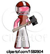 Poster, Art Print Of Pink Football Player Man With Sledgehammer Standing Ready To Work Or Defend