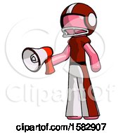 Poster, Art Print Of Pink Football Player Man Holding Megaphone Bullhorn Facing Right