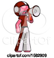 Poster, Art Print Of Pink Football Player Man Shouting Into Megaphone Bullhorn Facing Right