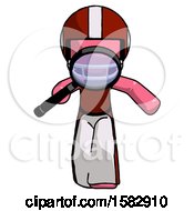 Poster, Art Print Of Pink Football Player Man Looking Down Through Magnifying Glass