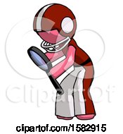 Poster, Art Print Of Pink Football Player Man Inspecting With Large Magnifying Glass Left