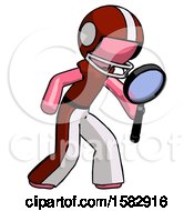 Poster, Art Print Of Pink Football Player Man Inspecting With Large Magnifying Glass Right